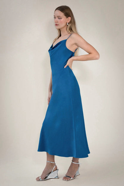 COWL NECK SATIN MIDI DRESS