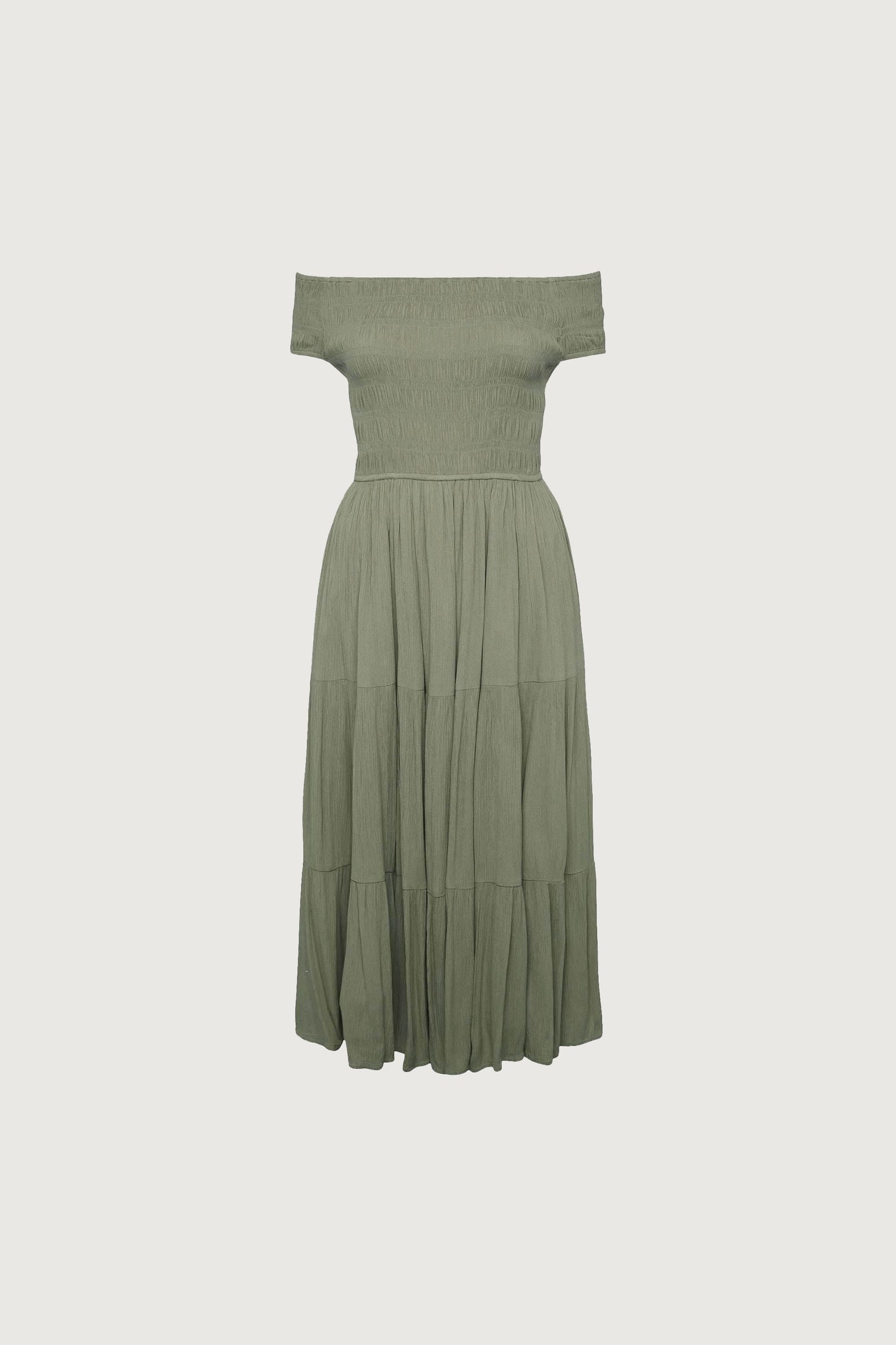 OFF THE SHOULDER CRINKLED MIDI TIERED DRESS