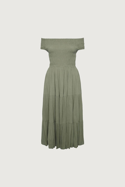 OFF THE SHOULDER CRINKLED MIDI TIERED DRESS