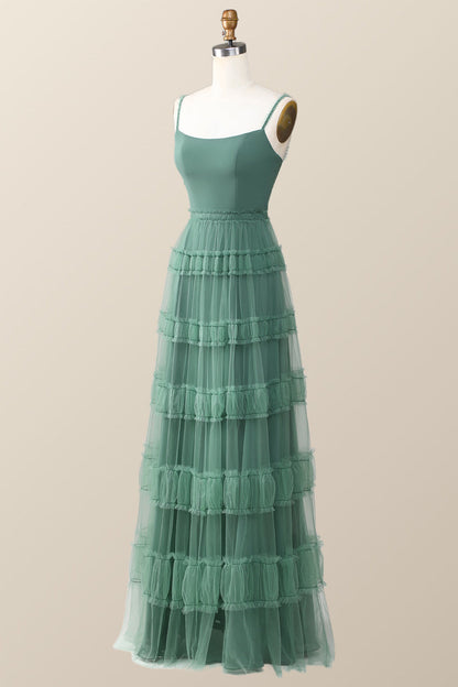 Eucalyptus Tulle Ruffle Long Dress with Straps