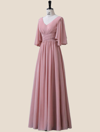 Flare Sleeves Blush Pink Pleated Long Dress