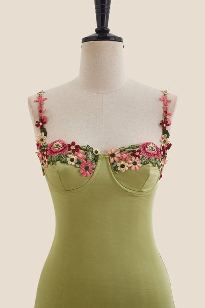 Green Floral Embroidery Short Princess Dress