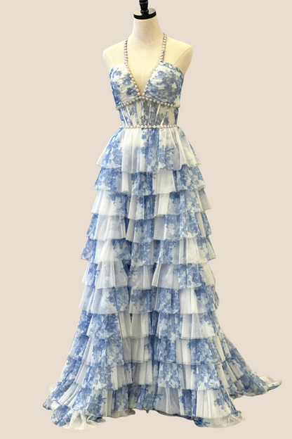 Halter Blue Floral Print Tiered Long Dress with Pearls