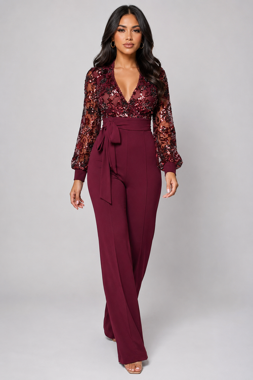 Eve Wine Red Sequin Jumpsuit