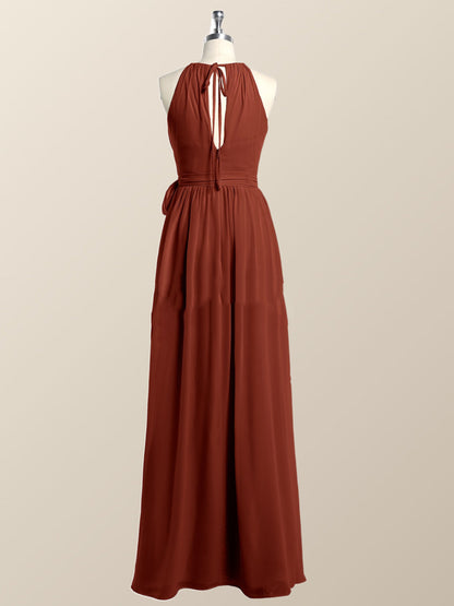 Halter Burgundy Chiffon A-line Long Bridesmaid Dress