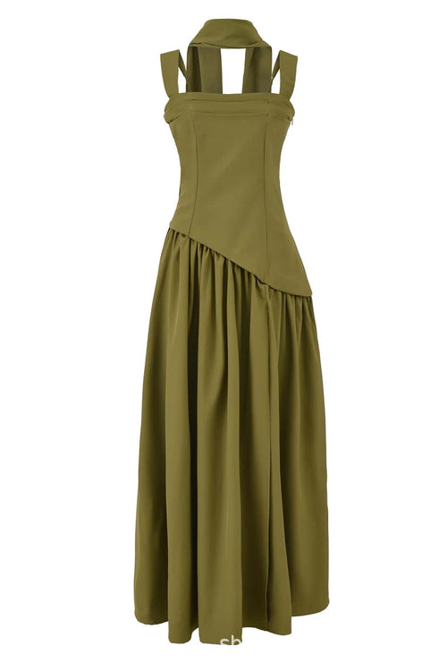 Green Ruched Waist Maxi Dress with Scarf