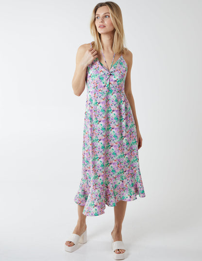 Twist Front Floral Print Midi Dress