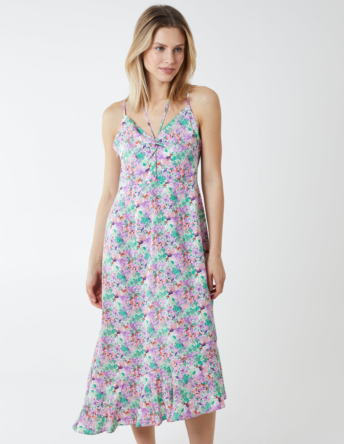 Twist Front Floral Print Midi Dress
