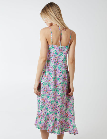 Twist Front Floral Print Midi Dress