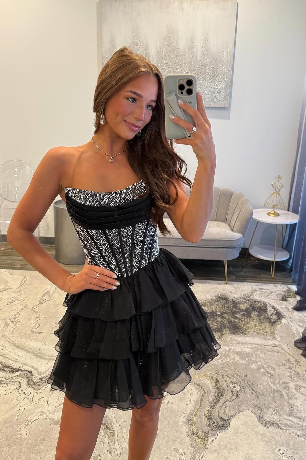 Navy Blue Beaded Short Ruffle A-line Dress