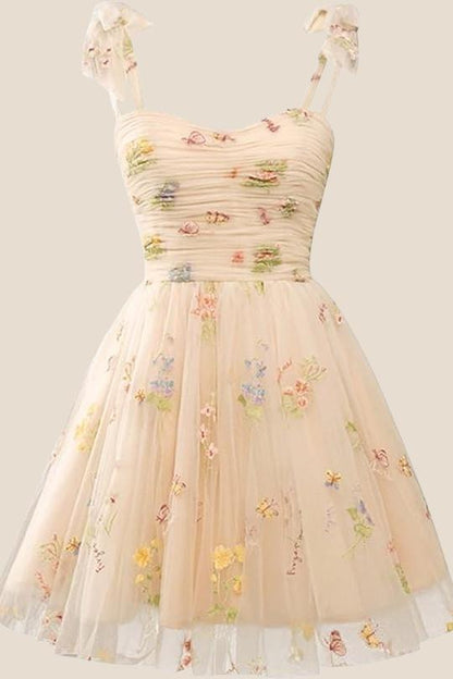 Champagne A-line Floral Short Princess Dress