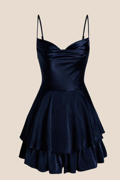 Cowl Neck Dusty Blue Ruffles Short Princess Dress