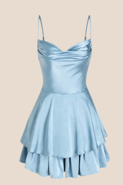 Cowl Neck Dusty Blue Ruffles Short Princess Dress
