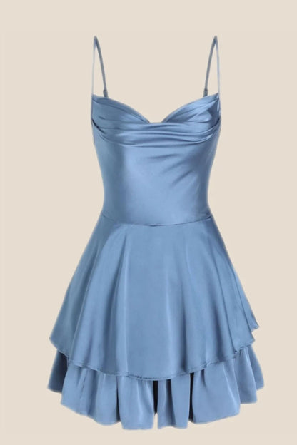 Cowl Neck Dusty Blue Ruffles Short Princess Dress