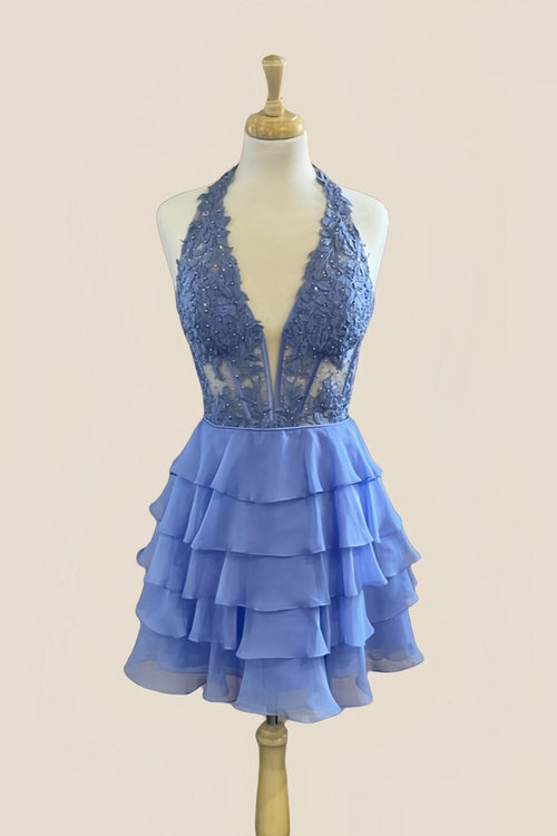 Appliques Periwinkle Chiffon Tiered Ruffle Short Dress