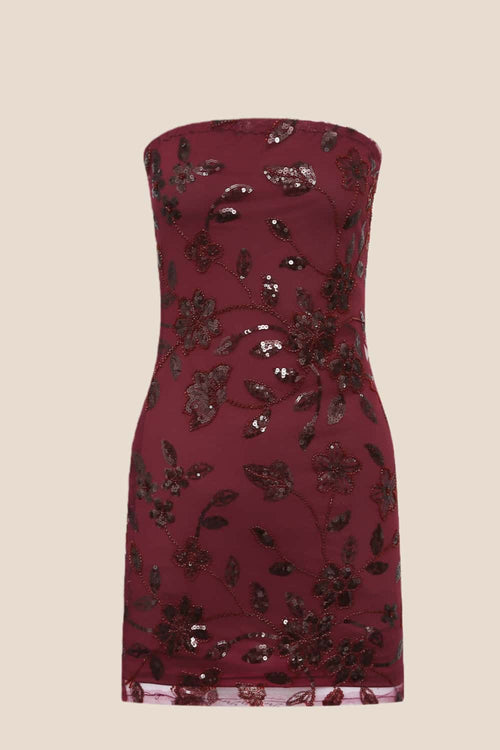 Burgundy Strapless Beaded Tight Mini Dress