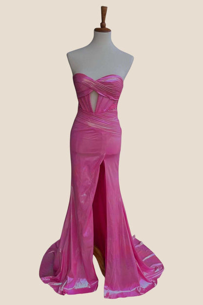 Fuchsia Ruched Sweetheart Metallic Fitted Party Dress