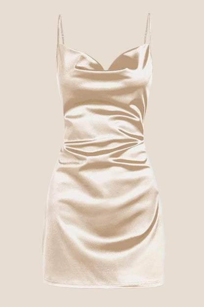 Cowl Neck White Back Tie A-line Short Dress