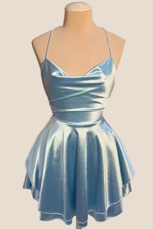 Cowl Neck Light Blue Short A-line Dress