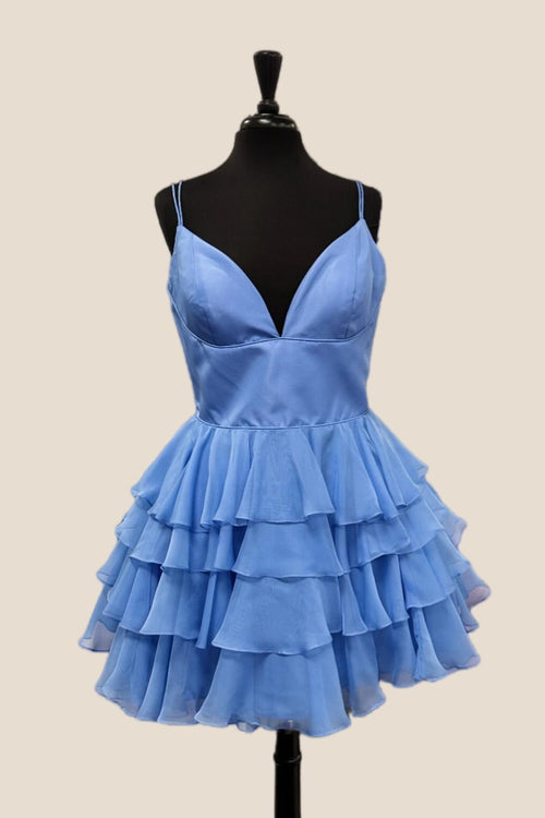 Double Straps Blue High Waist Tiered Short Dress
