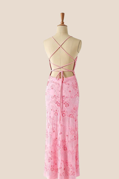 Fuchsia Beaded Straps Fitted Long Dress
