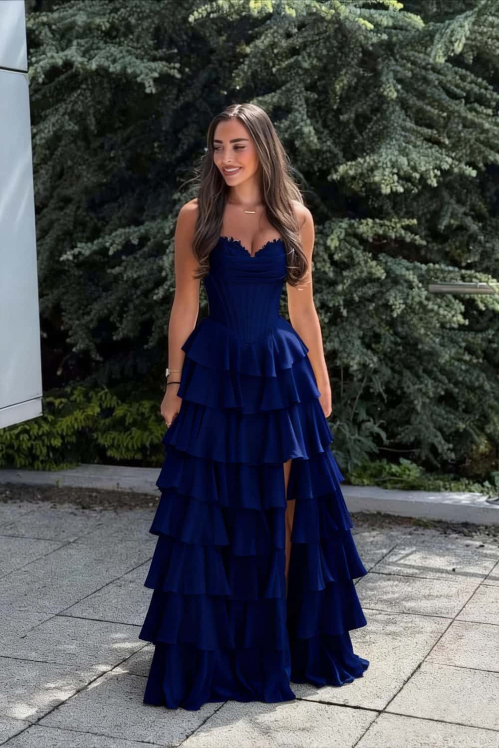 Light Blue Corset Chiffon Tiered Formal Gown