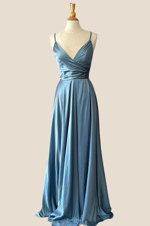 Dusty Blue Satin Ruched A-line Long Dress