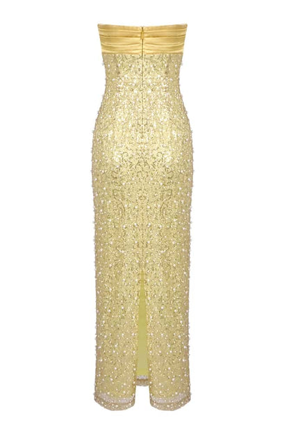 Gold Strapless Pearls Fitted Maxi Dress