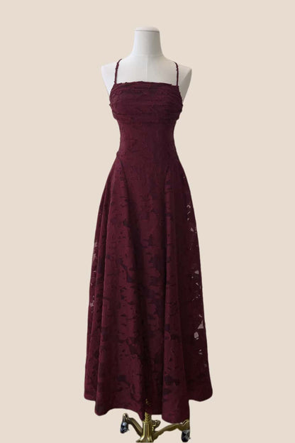 Burgundy Lace Cowl Neck A-line Long Dress
