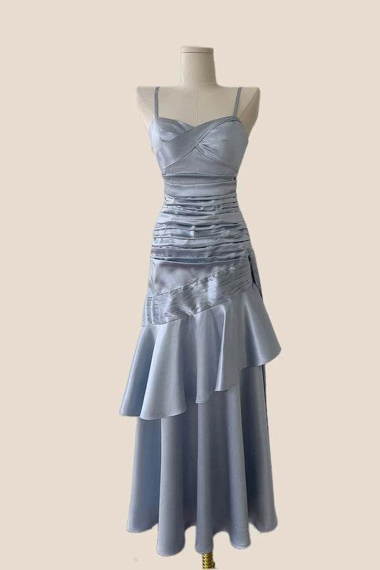 Blue Straps Ruched Mermaid Ruffle Long Dress