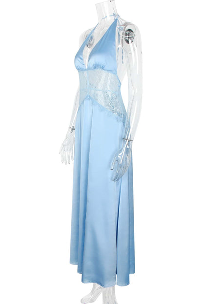 Halter Blue Sheer Plunge Long Maxi Dress