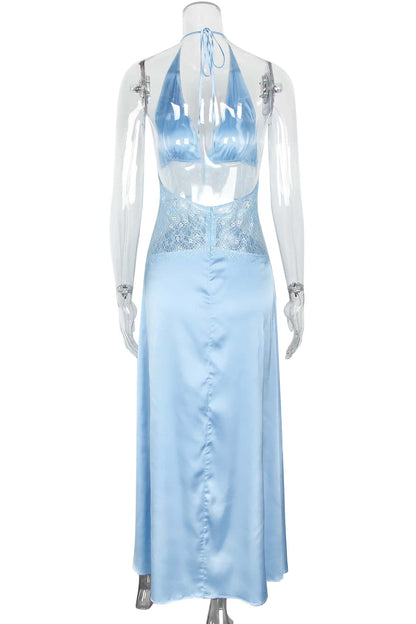 Halter Blue Sheer Plunge Long Maxi Dress