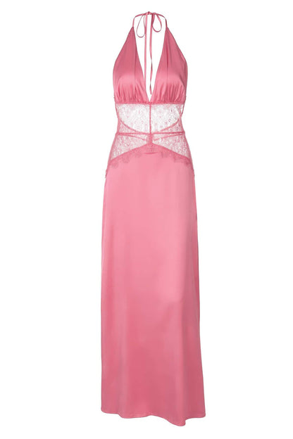 Halter Blue Sheer Plunge Long Maxi Dress