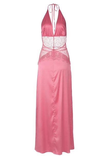 Halter Blue Sheer Plunge Long Maxi Dress
