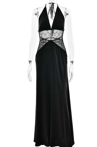 Halter Blue Sheer Plunge Long Maxi Dress