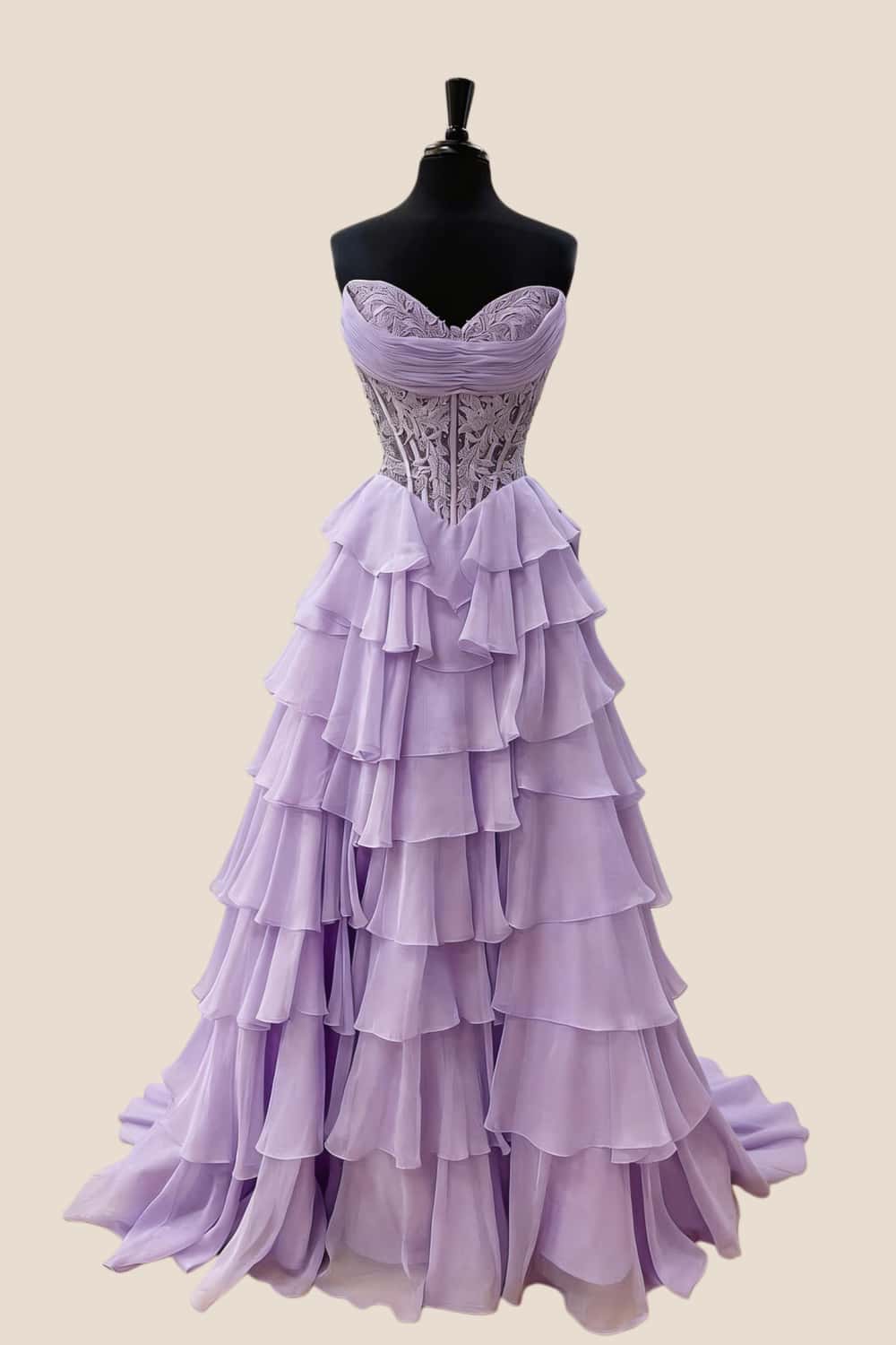 Pink Lace Corset Chiffon Ruffle Long Dress