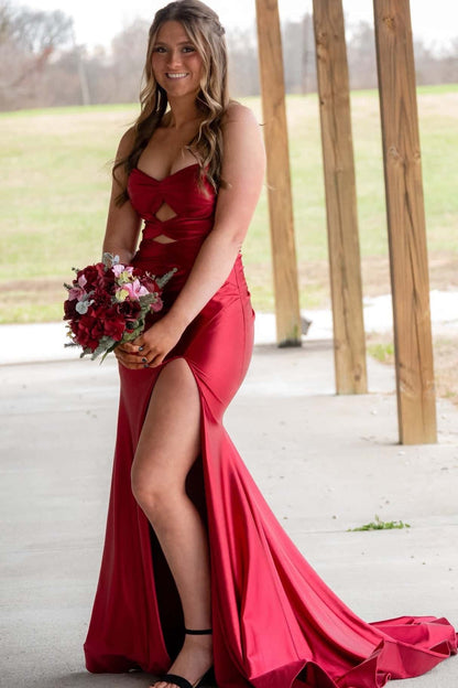 Dark Green Double Keyholes Satin Mermaid Prom Dress
