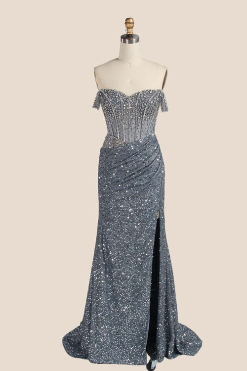 Grey Rhinestions Off the Shoulder Sequin Mermaid Formal Dress