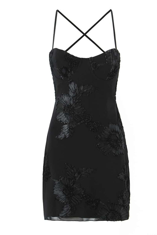 Black Floral Appliques Tight Short Dress