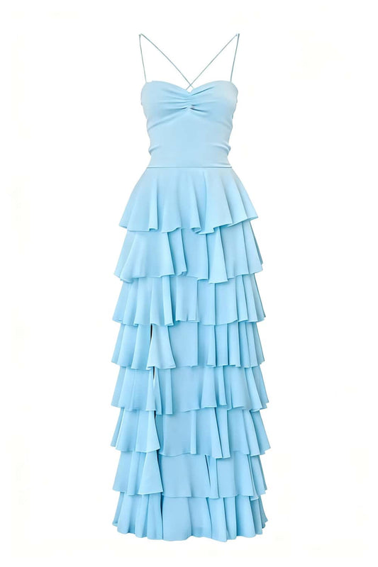 Blue Straps Ruched A-line Ruffle Maxi Dress