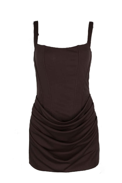 Brown Square Neck Ruched Tight Short Dress