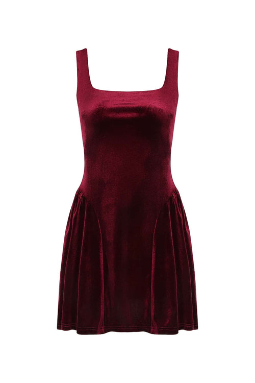 Burgundy Velvet Square Neck A-line Short Dress