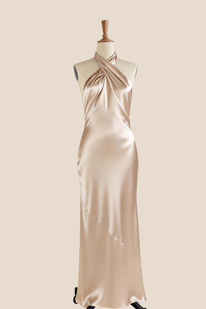 Cross Halter Champagne Satin Fitted Dress