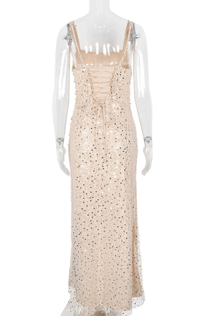 Burgundy Sequin Fitted Long Party Dress
