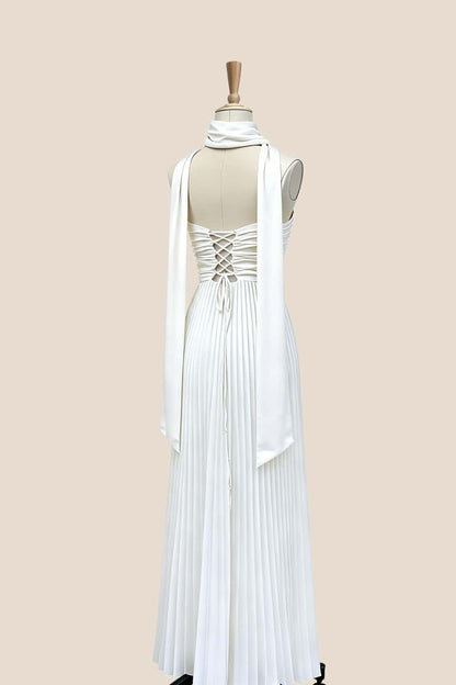 Empire White Pleated Maxi Scarf Dress