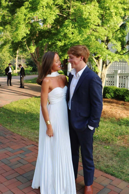 Empire White Pleated Maxi Scarf Dress