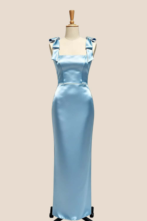 Bow Straps Blue Satin Fitted Bridesmaid Dress