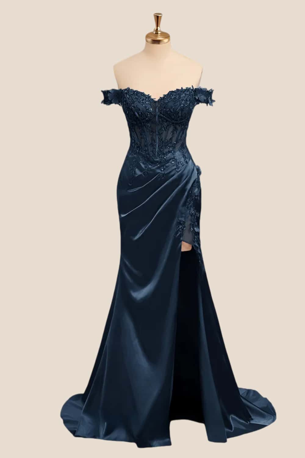 Lace Off the Shoulder Black Satin Mermaid Dress