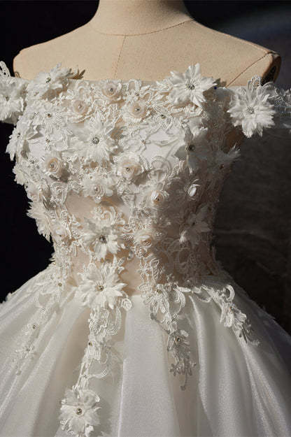 Off the Shoulder White 3D Floral A-line Princess Dress