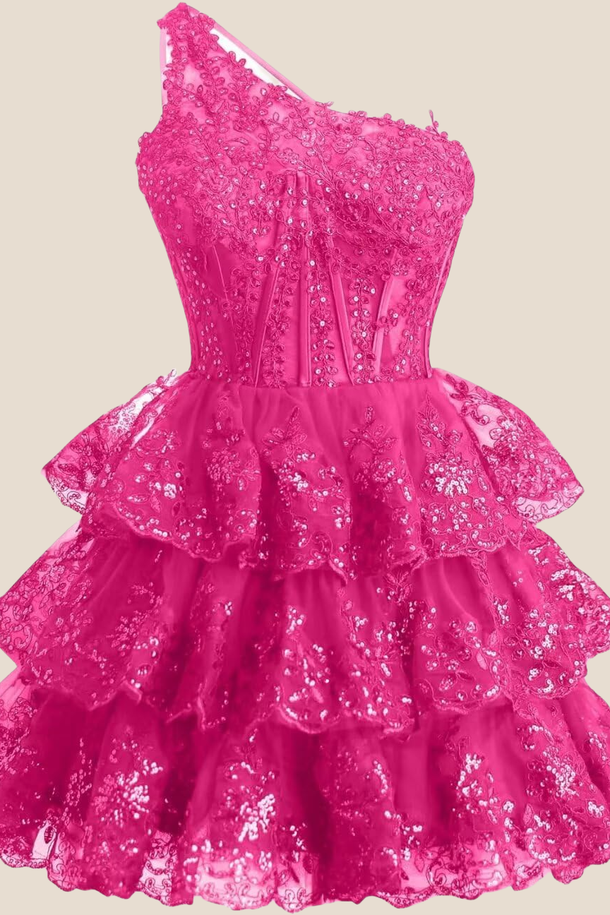 One Shoulder Hot Pink Sequin Tiered Short Dress